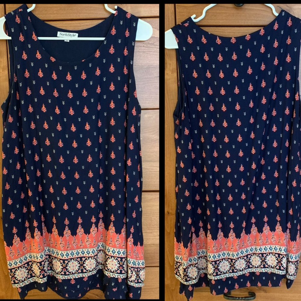 Navy- pink batik-print tunic-tank.